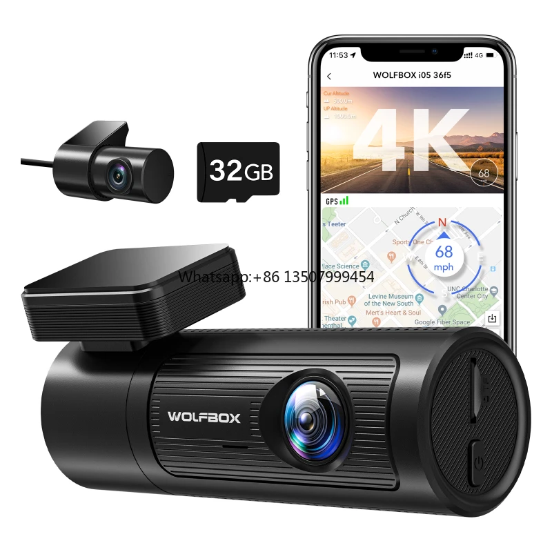 

Wolfbox I05 App Control 4k Wifi Tracking System Video Recorder Dual Lens Black Car Camera Dash Cam With GPS