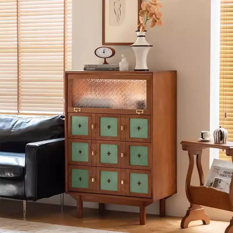 Retro medieval cherry wood solid wood bucket cabinet, living room dining side cabinet, small side cabinet next to sofa