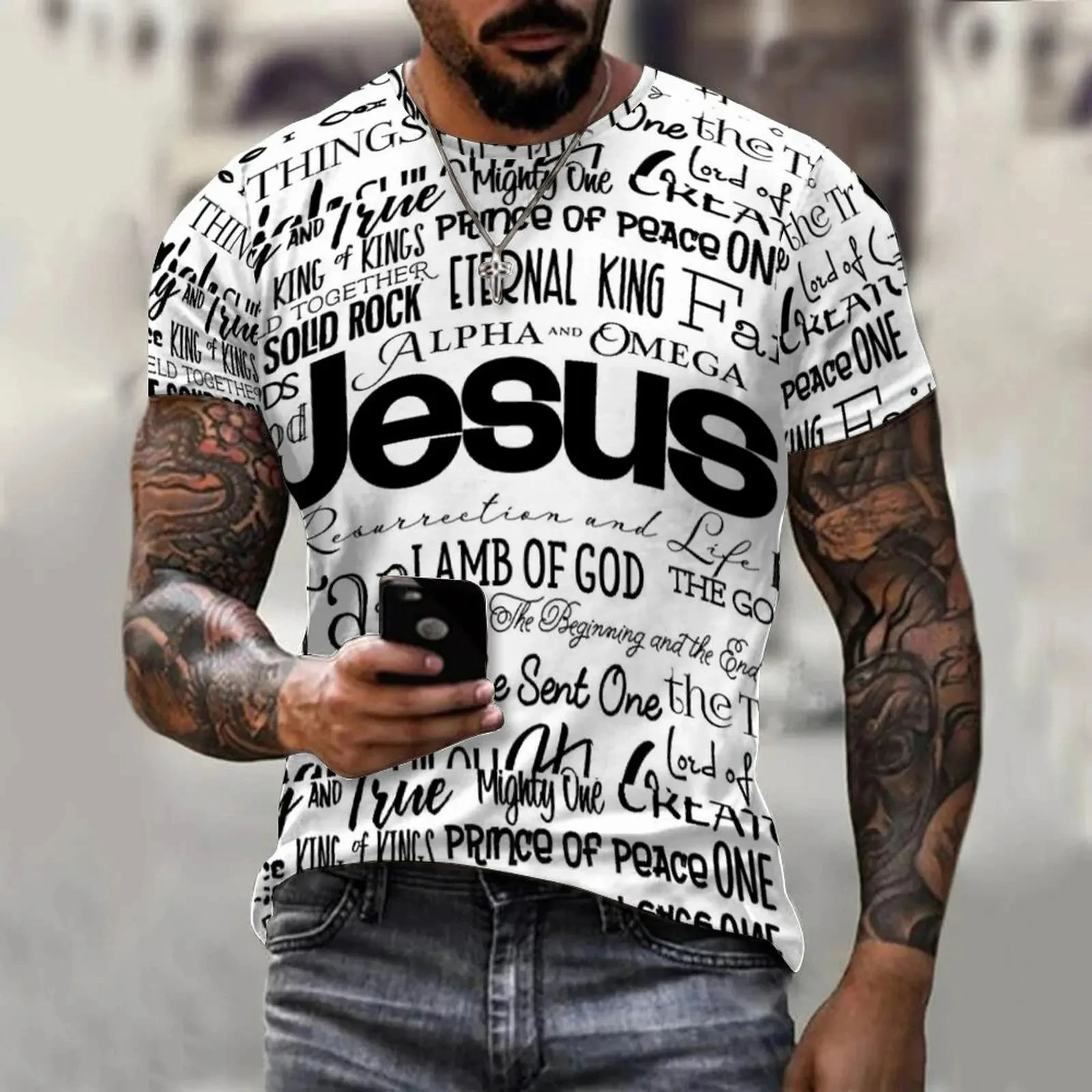 Summer Fashion Letter JESUS Printing 3D Graphic Men\'s T-shirts Fashion Street Round neck Short sleeved Casual Tops Tees Clothing