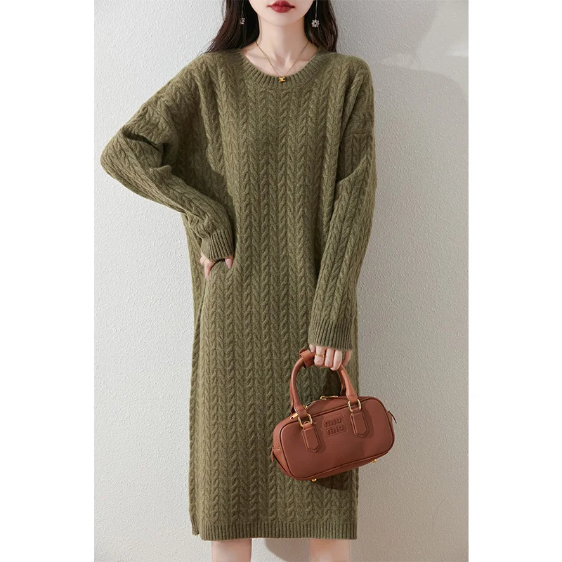 Women Loose Oversize Dresses 100% Wool Knitted Jumpers 2024 Autumn/Winter New Fashion Winter V-neck Long Dresses Female Pullover