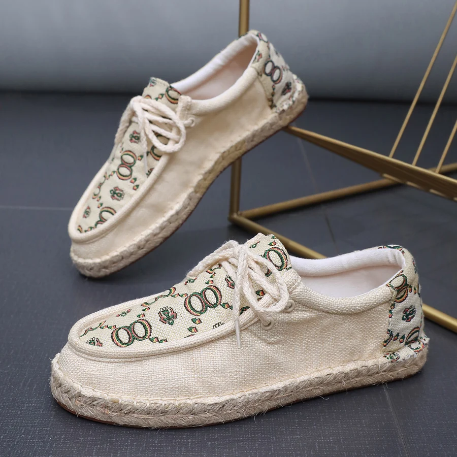 Retro Hand Stitched Straw Woven Sole Shoes 2025 Autumn New Men's Casual Shoes Light Non Slip Breathable Linen Men Sneakers Class