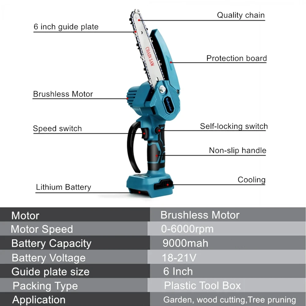 1800W 6 Inch Brushless Electric Saw Mini Electric Pruning Saw Handheld Chainsaw Cordless Wood Cutting Tool Garden Tool