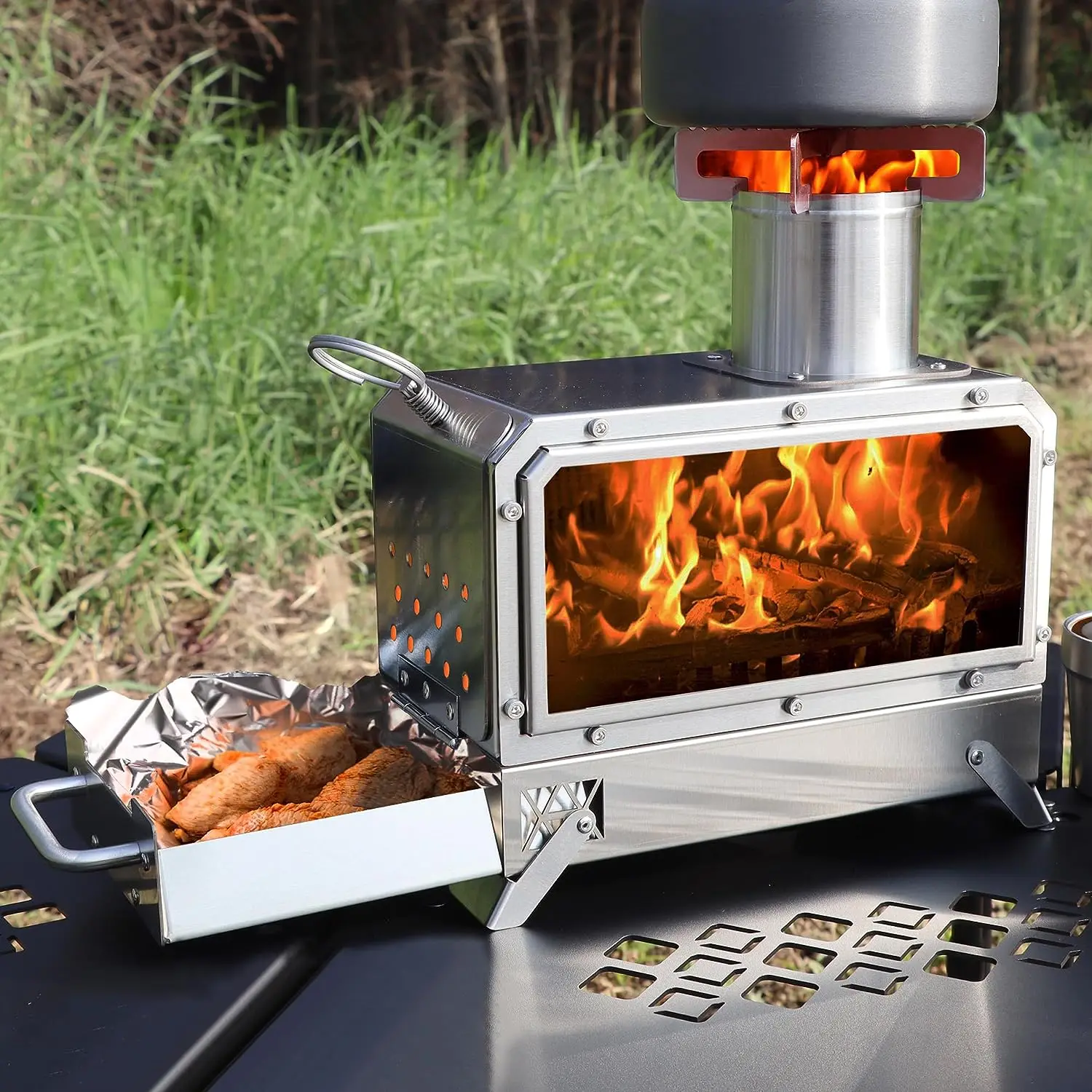

SM-QFC Portable Stainless Steel Cooking Oven Grill Wood Burning Camp Stove Camping Tent Fishing Hiking Fuel Charcoal Folding
