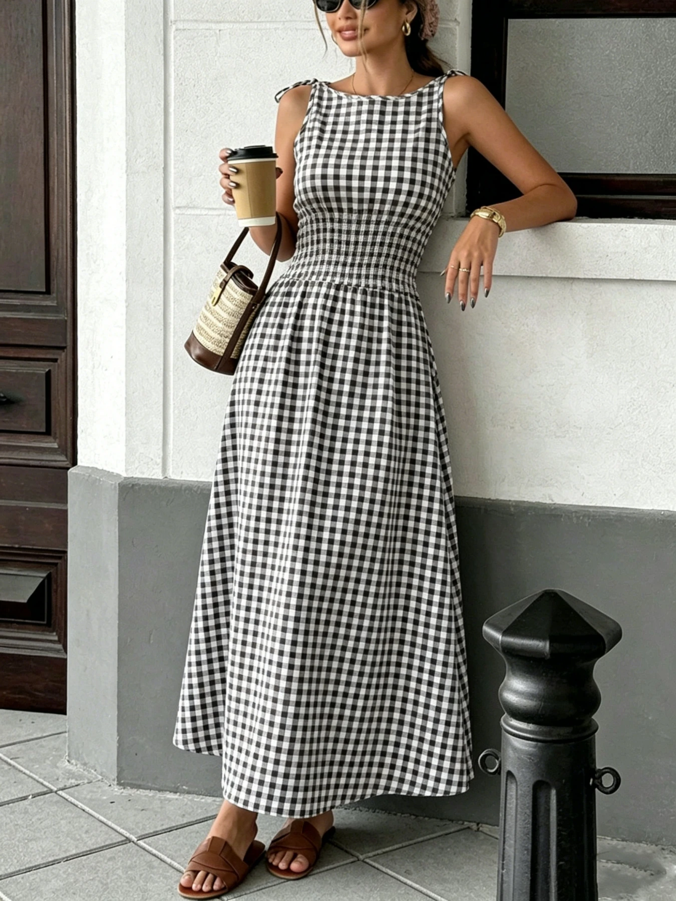 Sommermode Neuer Stil Frischer Ins-Stil Vielseitiges Gittermuster Taillenzugband Langes Kleid – Detail 5