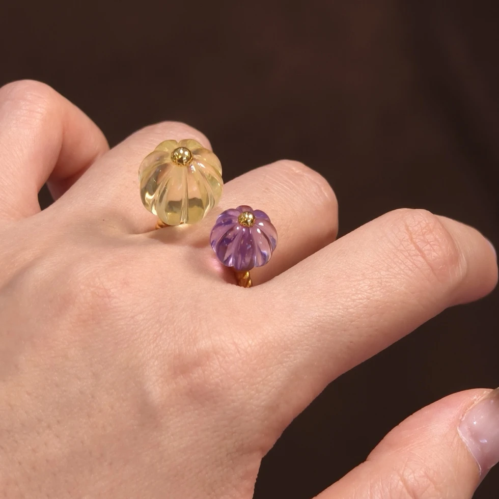 KQDANCE 925 Sterling Silver Carved Natural Citrine Amethyst Big And Small Pumpkim Open Ring