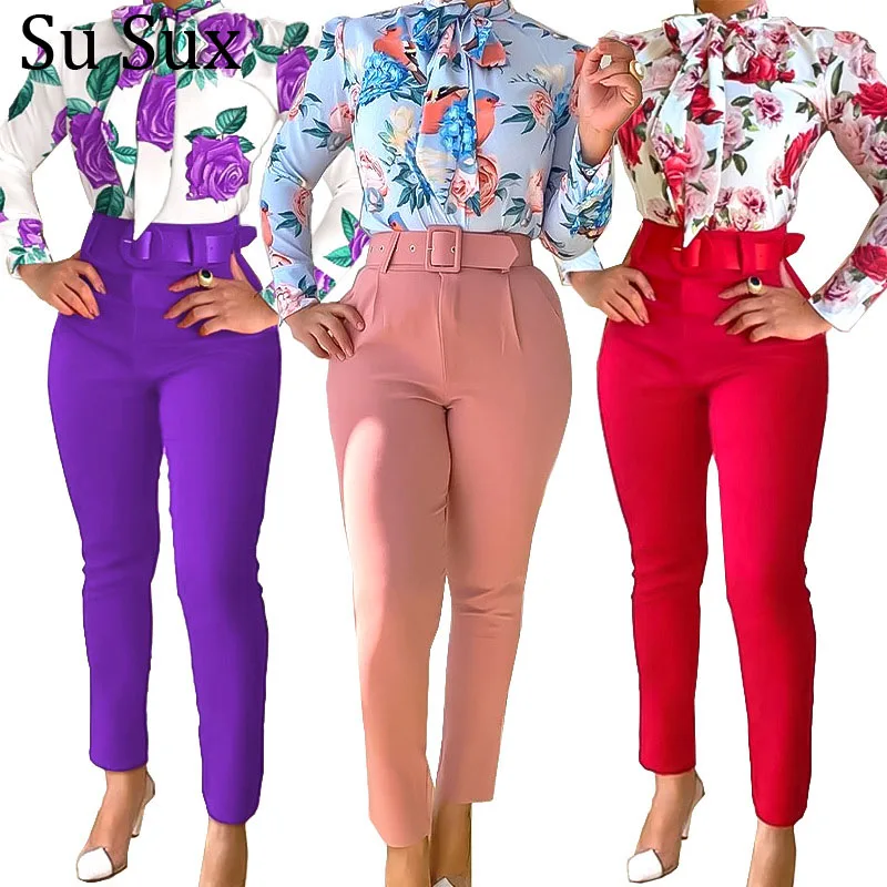 

Office Lady Pant Suits 2 Piece Sets Womens Outfits Flower Bow Collar Blouse Shirt and Pencil Pants Sets Vestidos 2022 New