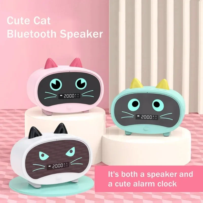 New Cute Cat Shaped Bluetooth Speaker with Alarm Clock - Portable Wireless Stereo Sound Box Music Player with Subwoofer Function