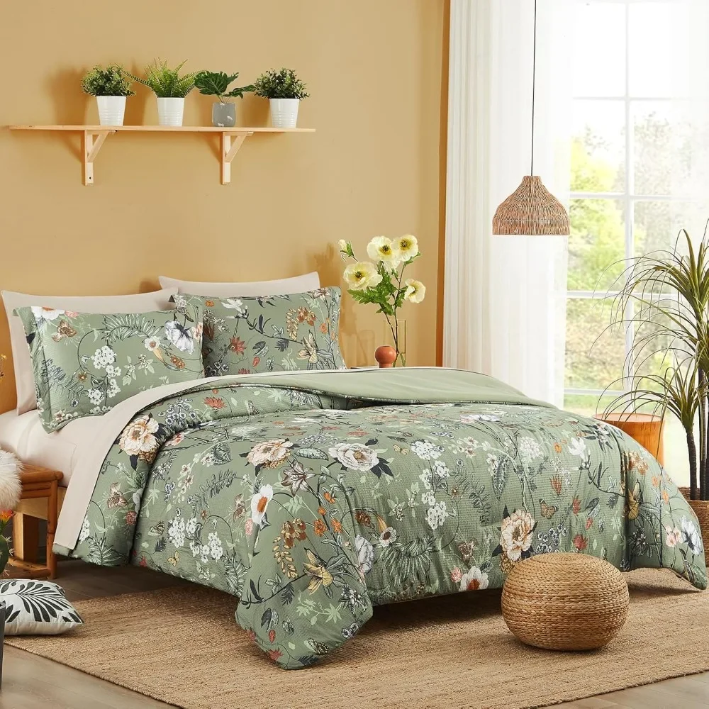 

Bed Sheet, 7 PCS Green Butterfly Floral with Flowers Leaves Pattern, All Season Microfiber, Bedding Comforter Set