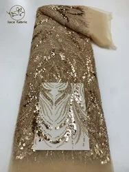 Gold African Heavy Beaded Lace Fabric 2024 High Quality 5 Yards Nigerian Sequins Groom Fabric Material For Wedding Party Dress