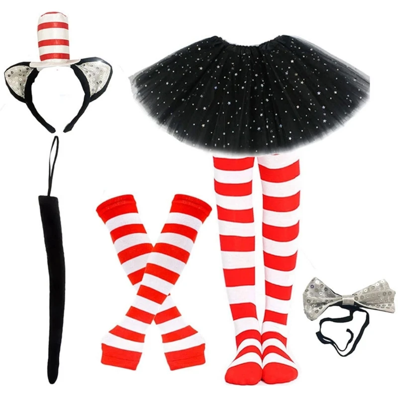 Festival Navidad para mujeres y niñas, accesorios disfraz gatos, aro con lentejuelas, faldas con pajarita, Kits