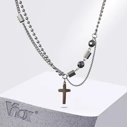 Vnox Unisex Cross Necklaces, Waterproof Stainless Steel Cuban Chain Necklaces, Men Beaded Chain Collar Gift