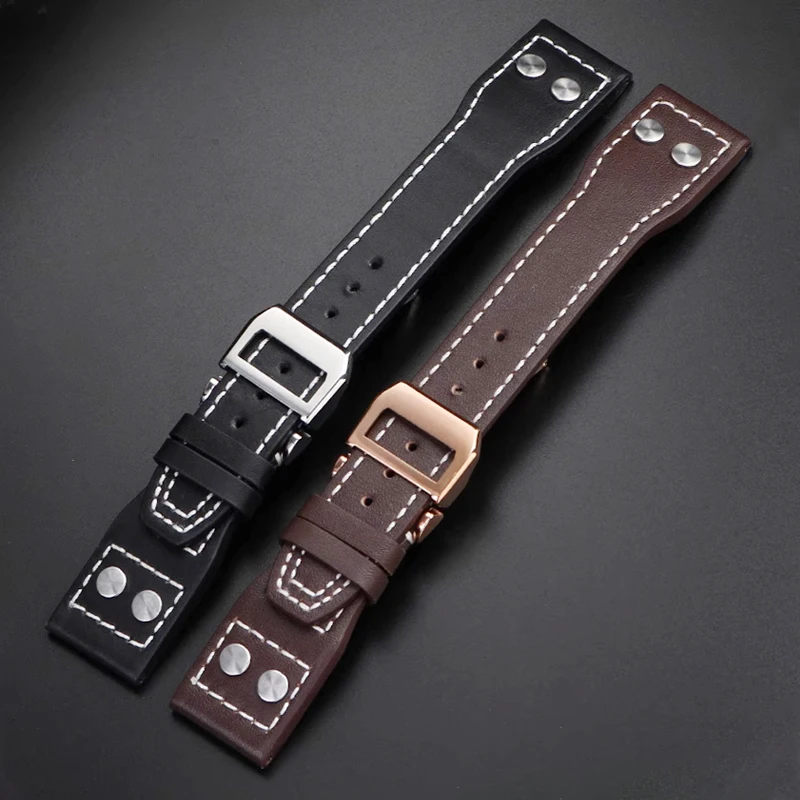 For IWC PILOT Cowhide Strap 21mm 22mm Genuine Leather Watch Band Rivets Dark Brown Black Blue Men Watchband Accessories