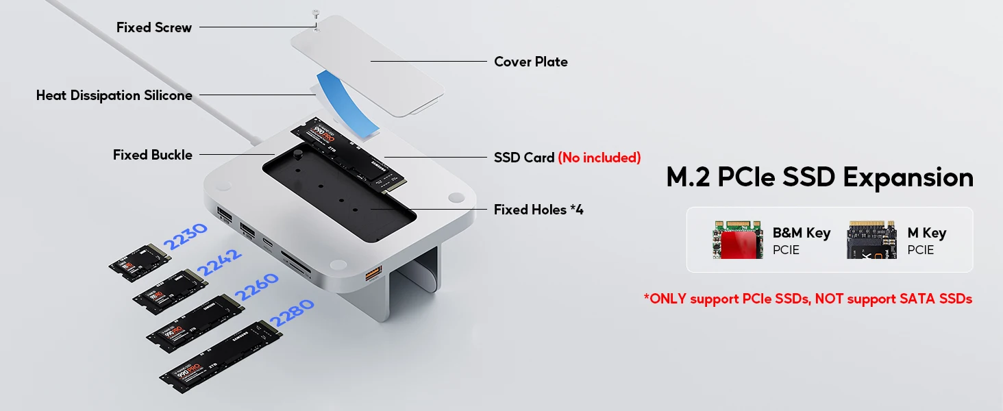 PULWTOP Mac mini Hub M1 M2 mit M.2 SSD-Gehäuse (NICHT für M4 2024), USB-C-Dock mit USB A/C 10 Gbit/s, USB A 2.0, SD/TF, Audio – Detail 2
