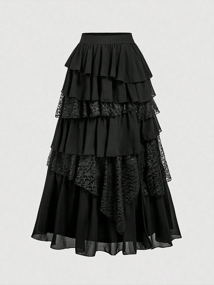 

Новая черно-белая многослойная кружевная юбка-торт с завышенной талией и элегантностью в стиле ретро, подходит для повседневных уличных свиданий.