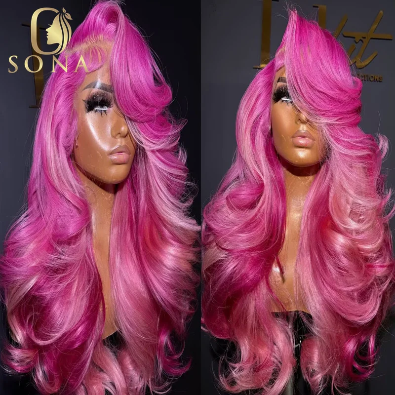 

Rose Pink Highlight Lace Front Wig Body Wave Stripe 13x6 13x4 Hd Lace Frontal 100% Human Hair Wig Colored Loose Body Wave