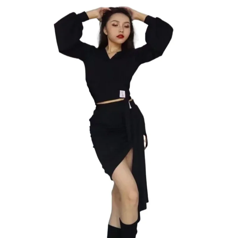 

New Latin dance outfit training suit, long sleeved collar, bubble sleeves, hollowed out top, buttocks wrapped, ribbon half skirt