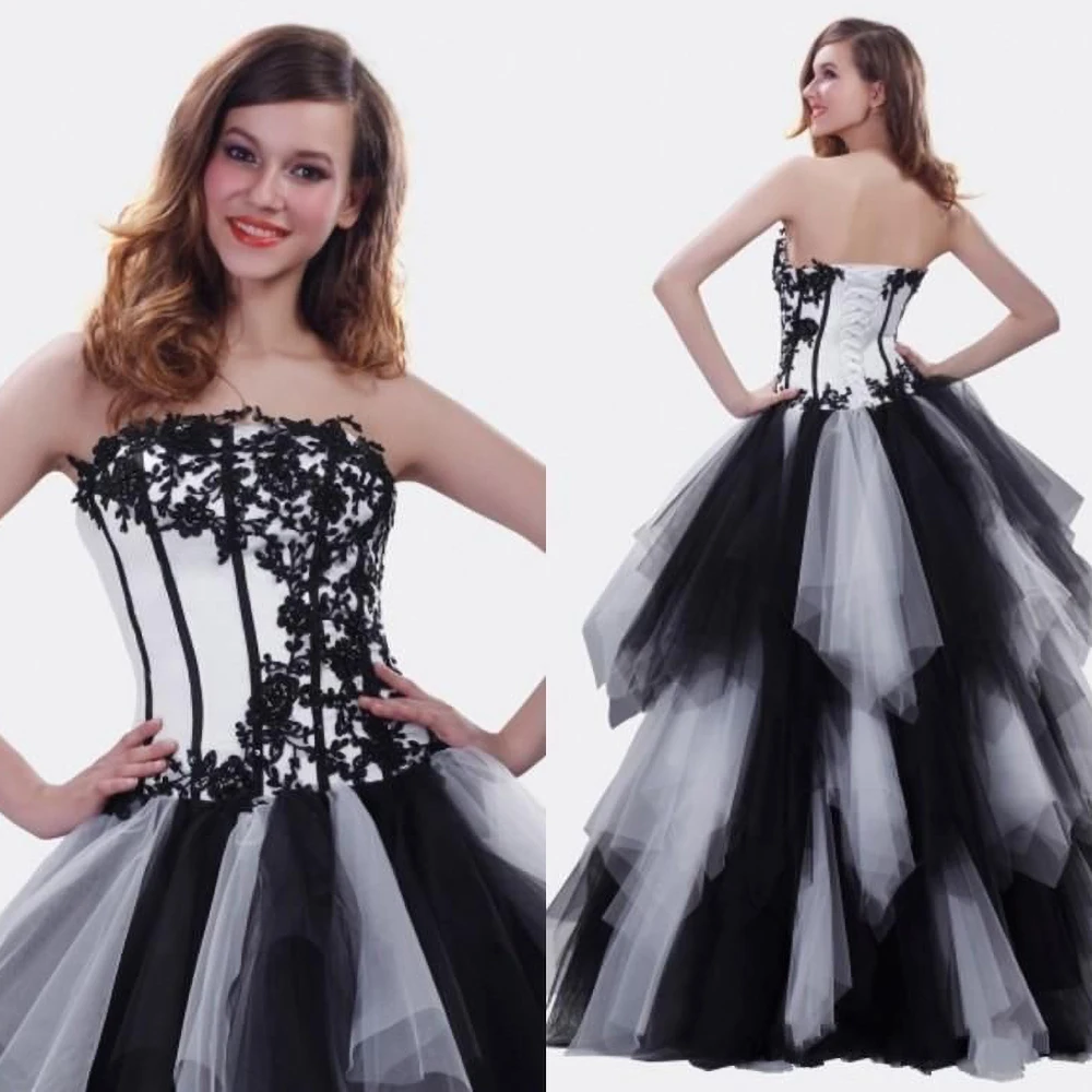 Gothic Prom Dress White and Black Fashion Strapless Appliques Pleat Ruched Lace Up Floor Length Ball Gowns Evening Party Dress