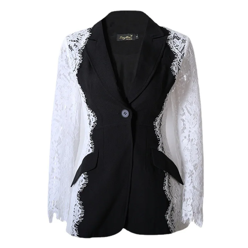 Splicing Kleuren Vrouwen Pak Blazer Kant Zwart Jasje 1 Stuk Elegante Franse Haute Couture Een Knoop Jas In Voorraad