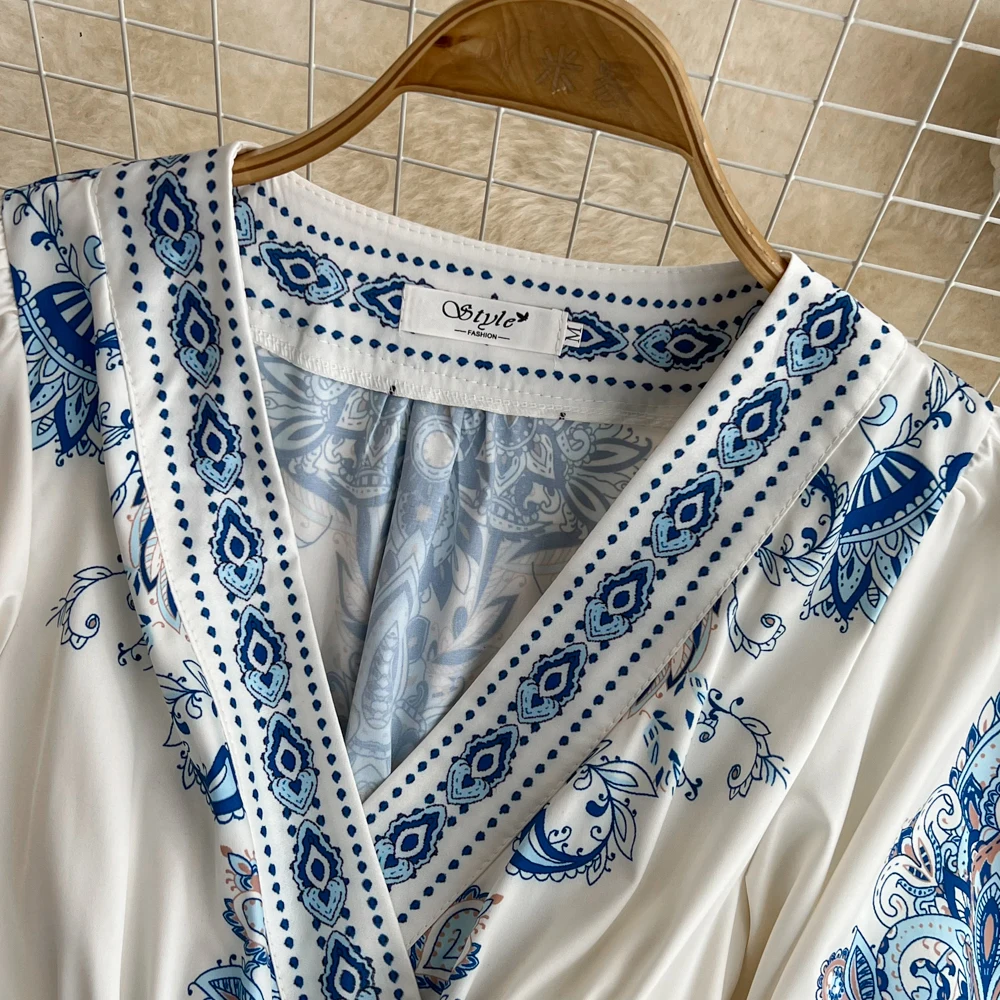 UNI Spring Elegant Women Dress 2025 Fashion Puff Sleeve V Neck Boho Print Dress Vintage Belt Loose Party Dresses Femme Vestidos