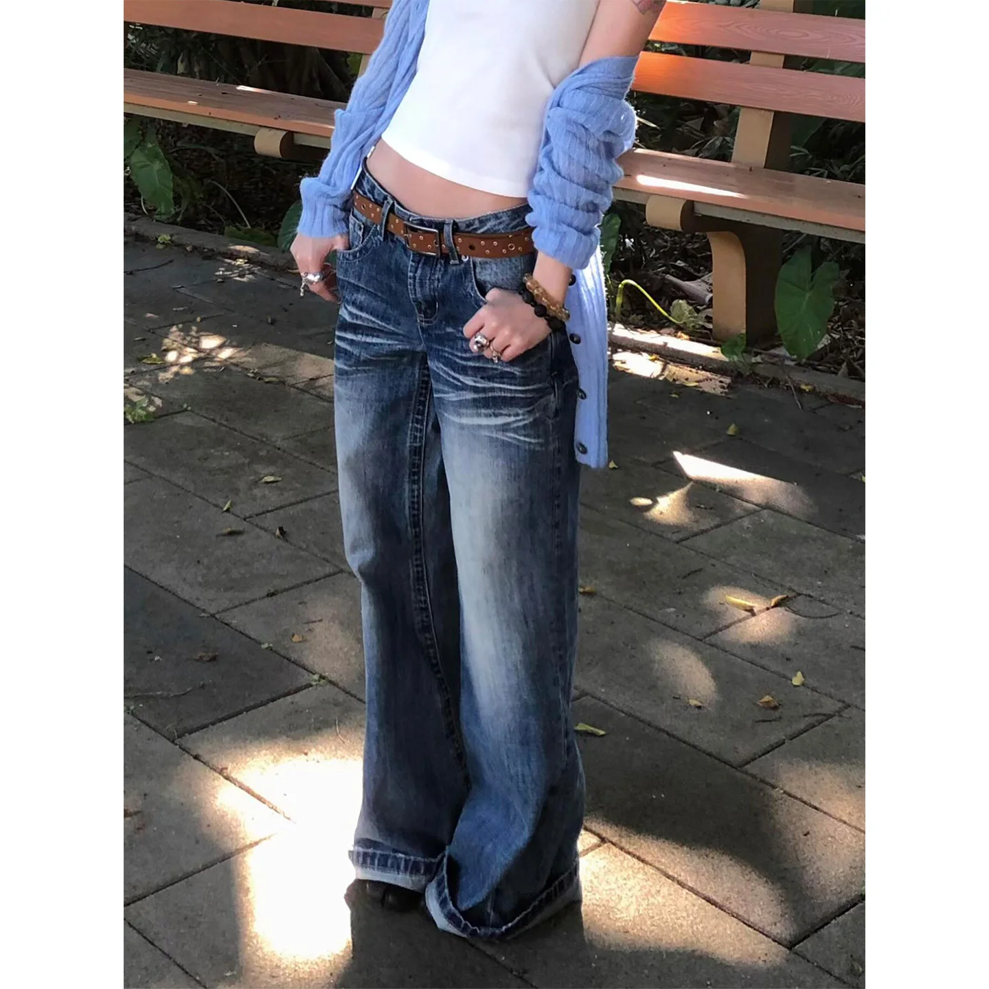 

Washed Blue Slim Fit Jeans High Waist Straight Leg Denim Pants for Women Pear Shape Body Summer New Vintage Tapered Floor-Length