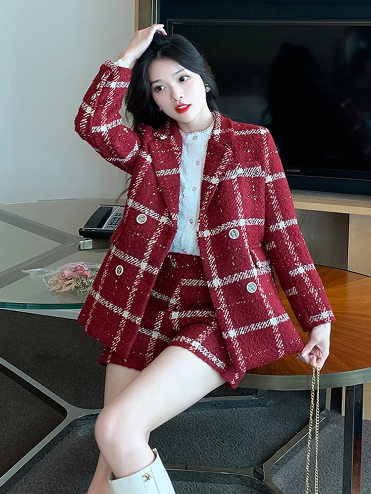 High Quality Elegant Plaid Tweed Blazer Shorts Suits Autumn Winter Outfits for Women Two Piece Business Chic Office Matching Set