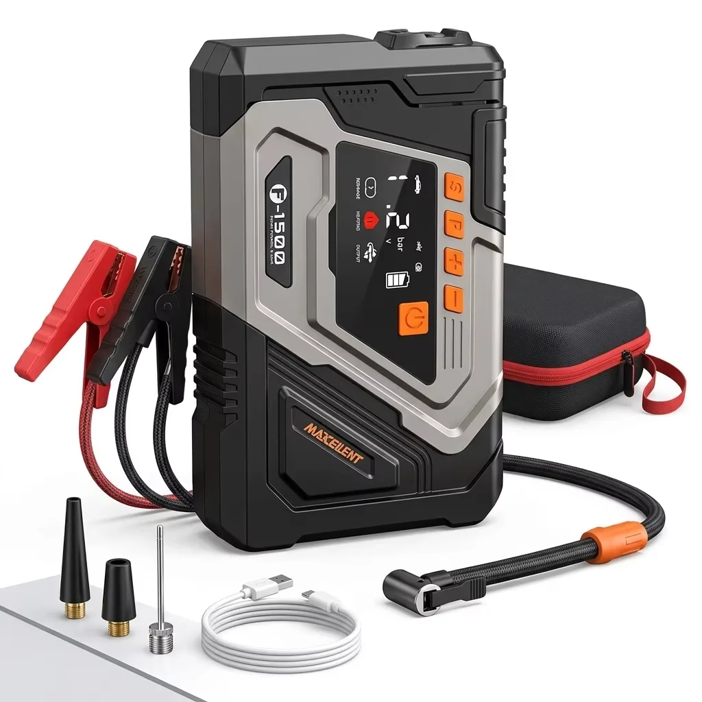 F1500 LiFePO4 Jump Starter with Air Pump 12800mAh 12V Car Battery Booster 25mm Tire Inflator Factory Wholesale