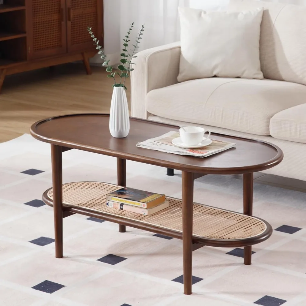 

Rattan Coffee Table, 39.5 Oval Walnut Wood Coffee Table with Storage Shelf for Living Room, 2-Tier Center Table Entryway