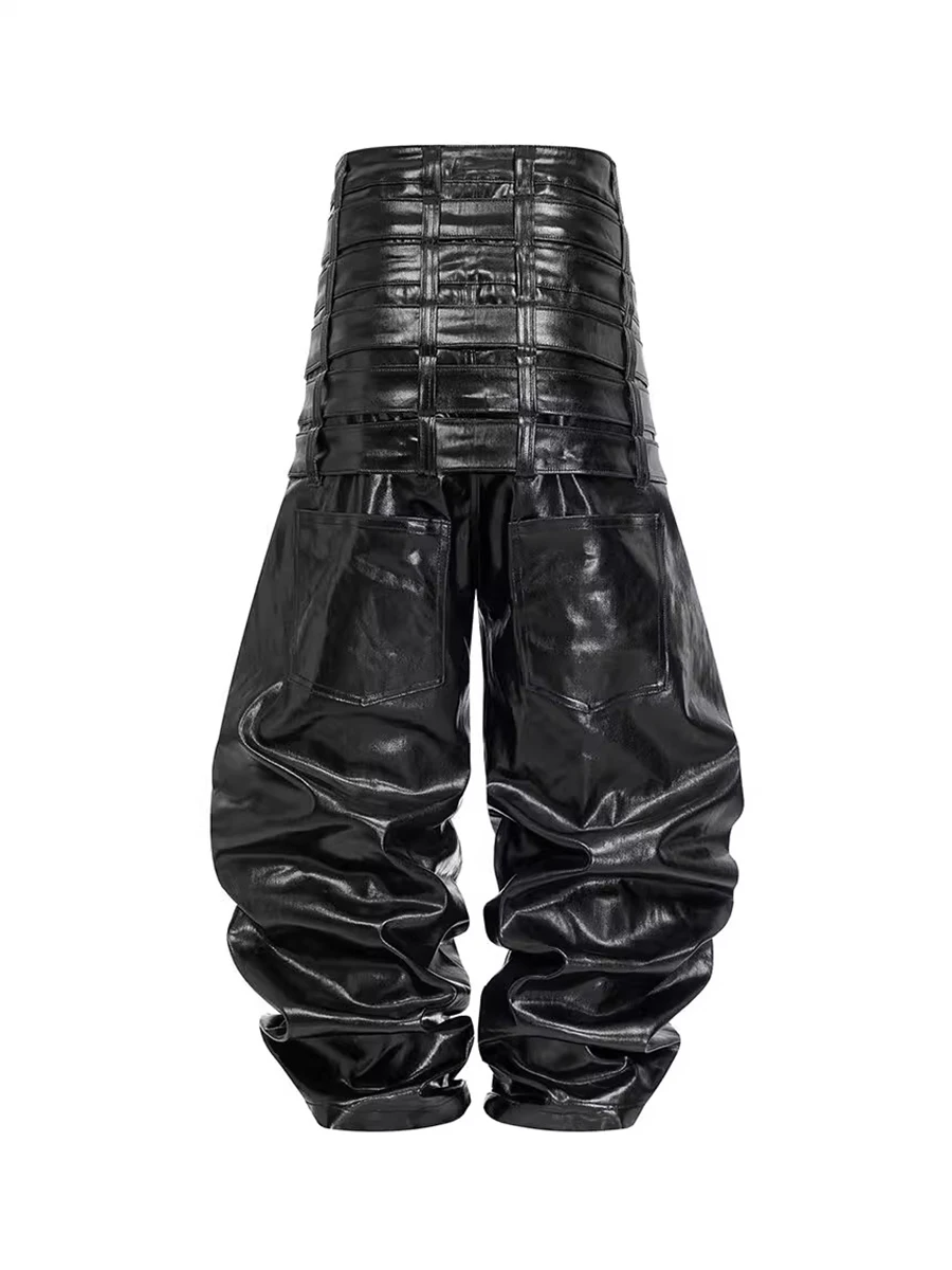 Mauroicardi Autumn Long Multi-waisted Shiny Black Pu Leather Twisted Belted Pants Men Luxury Designer Emo Clothes Streetwear