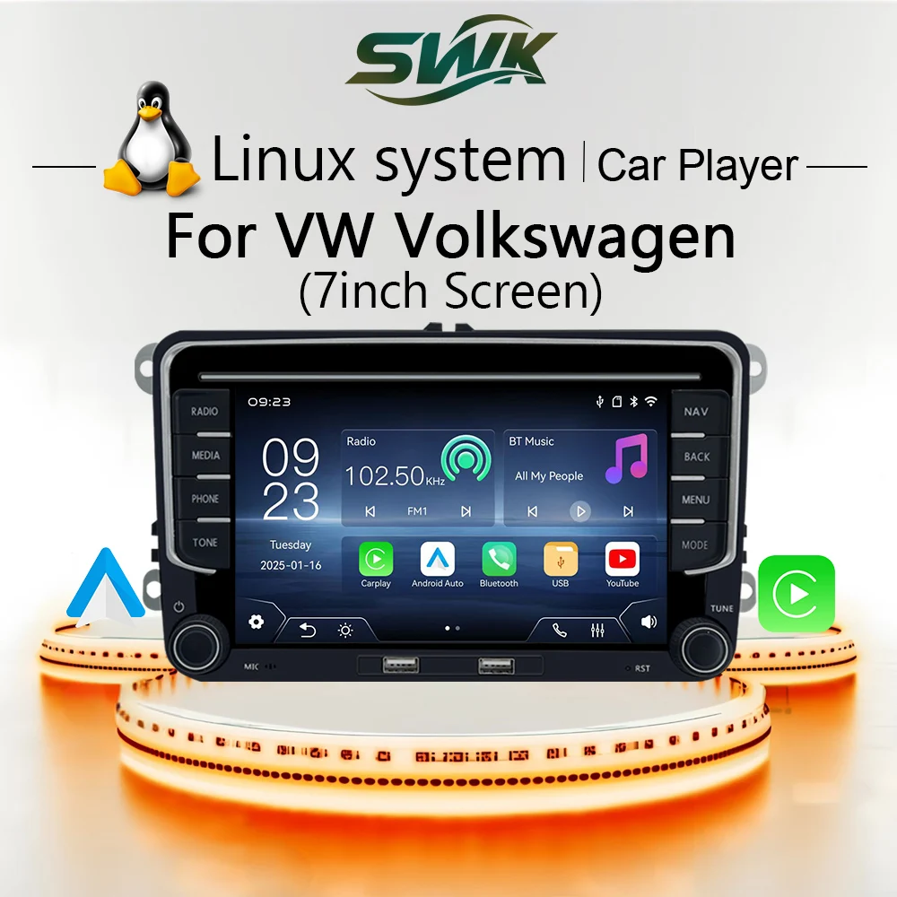

7-дюймовая система Linux для автомобиля VW Volkswagen, мультимедийный плеер, беспроводной CarPlay Auto Bluetooth YouTube USB DSP