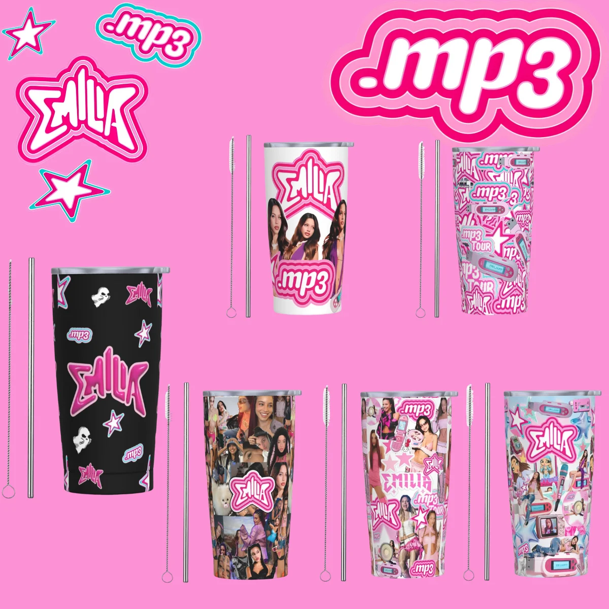 Pink Emilia Mernes Mp3 Stainless Steel Tumbler Music Album Driving Thermal Mug With Straws and Lid Mugs Cup Drinks Water Bottle