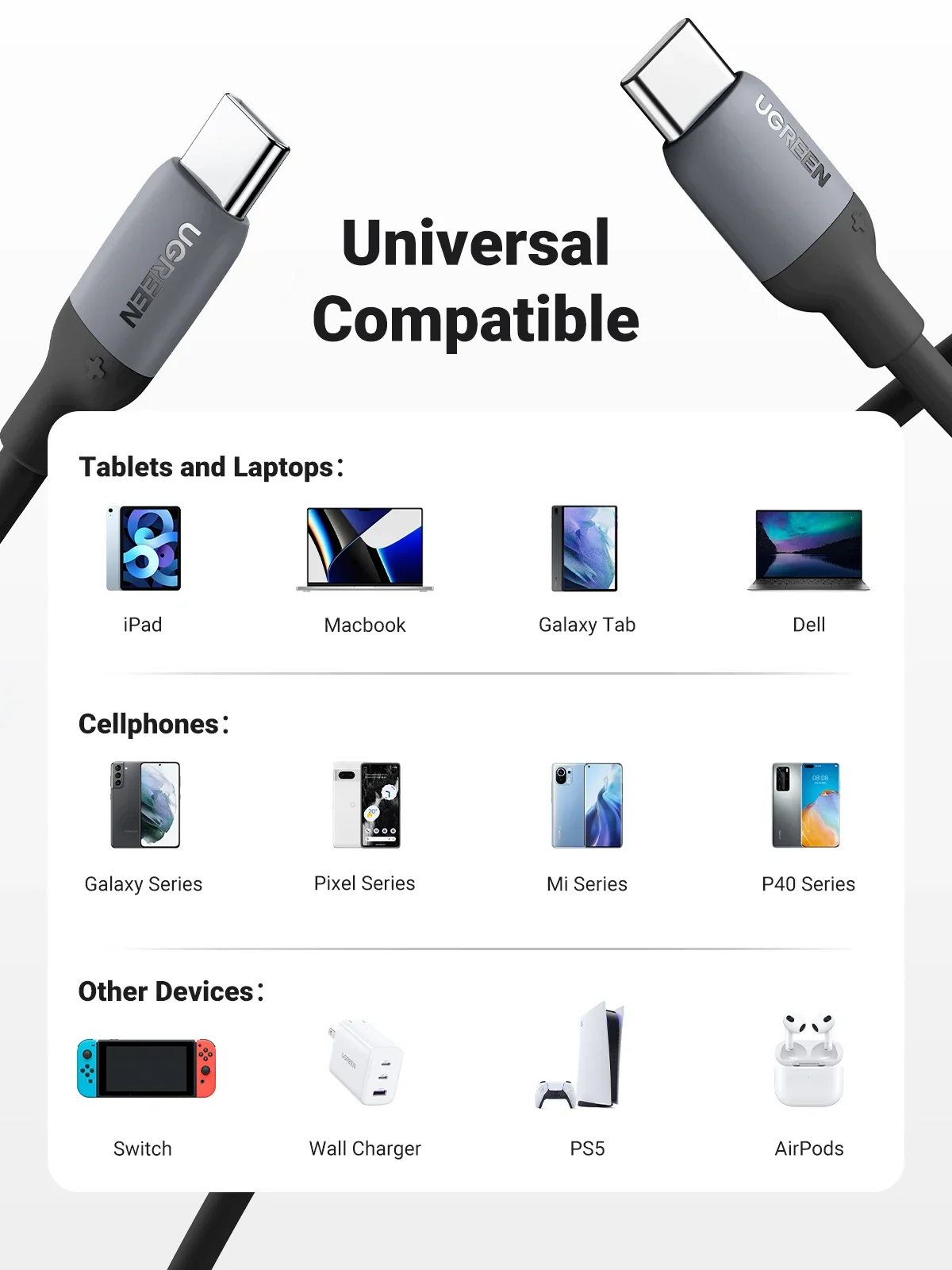 UGREEN 60W USB Type C Cable 100W USB C to USB C Cable Silicone fast charging For Apple ipad iPhone 16 15 Macbook Charger Android