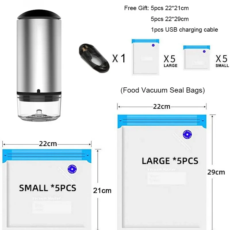 Mini Vacuum Pump USB Rechargeable Fresh-keeping Sealing Machine Kitchen Tool with 10pcs Free Food Vacuum Storage Bag Organizer