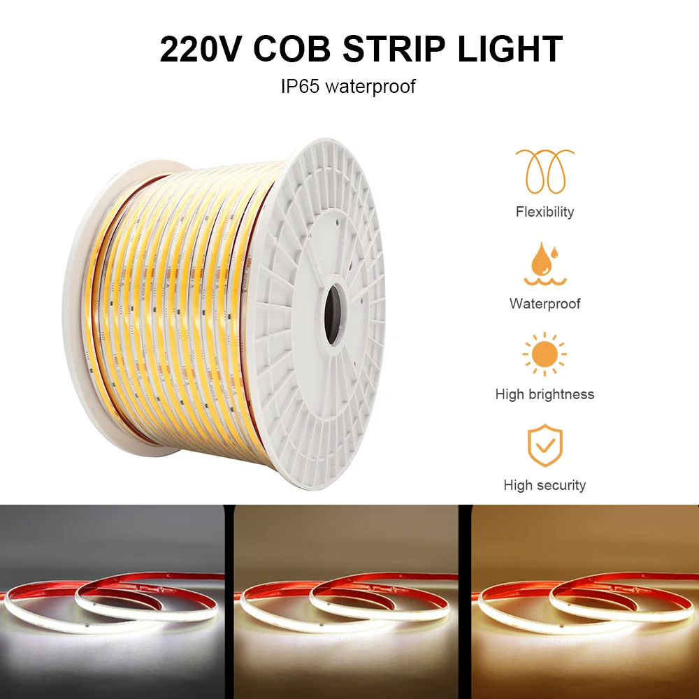 AC 220V IP65 Waterproof COB LED Strip Light Dimmable 5M 10M 20M 30M 40M 50M High Bright 220V LED Ribbon For Outdoor Stair Decor