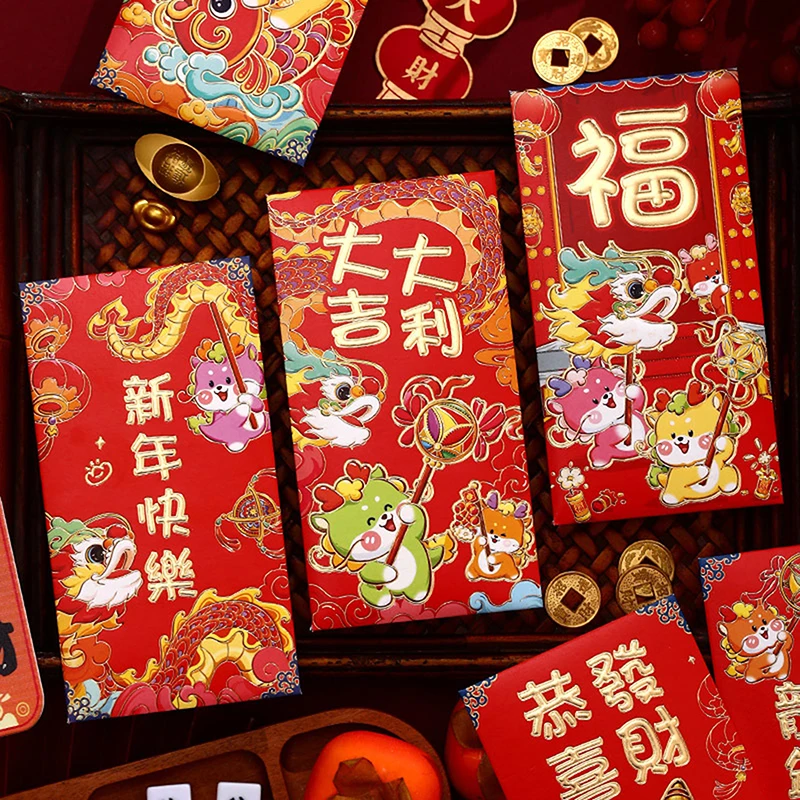 6pcs Chinese New Year Lucky Red Envelope Dragon Gift Envelope Dragon Year 2024 Money Pocket New Year Decorations