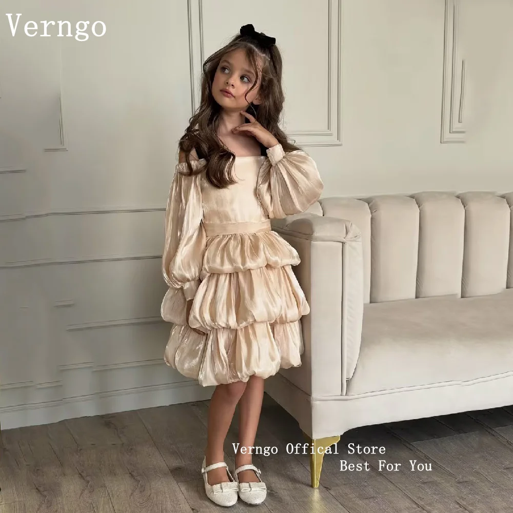 Verngo Cute Champagne Shiny Princess Girl Birthday Dresses Spaghetti Straps A Line Ball Gowns Bow Kid Gowns Customized
