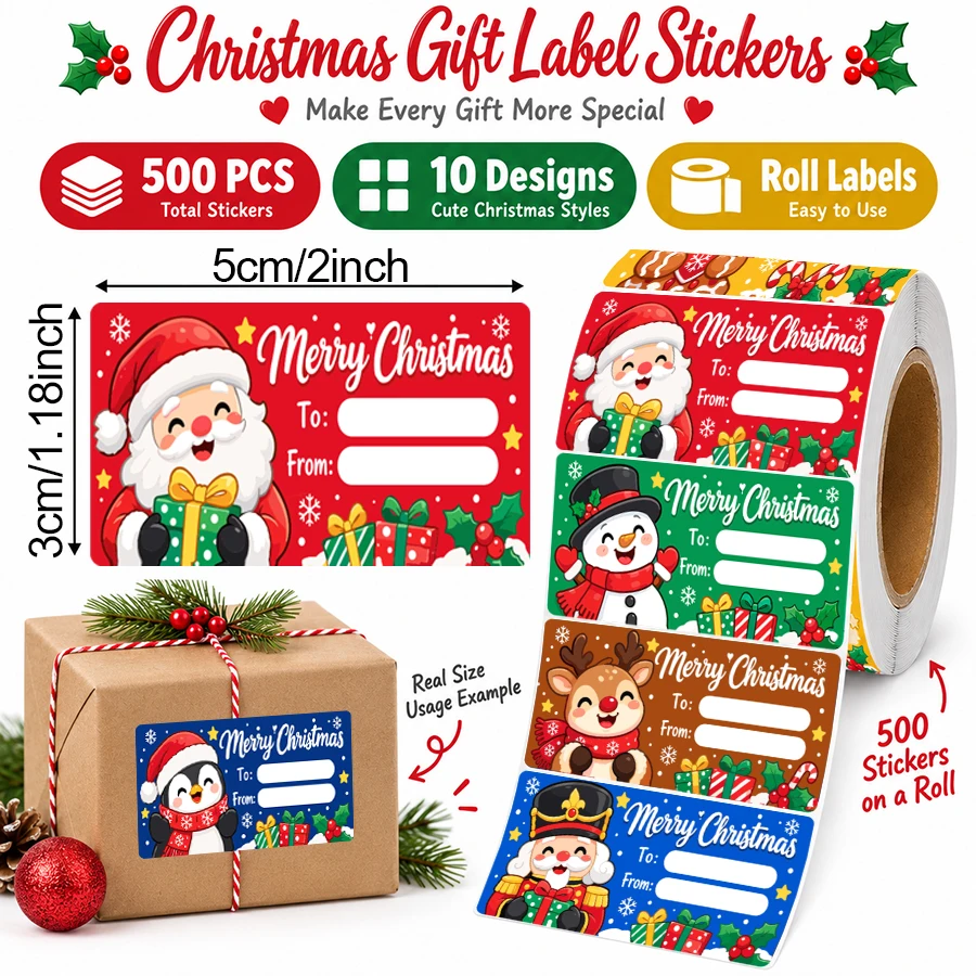 500 Pcs Christmas Gift Tags Stickers, 10 Designs Writable To From Labels, Self Adhesive Holiday Name Stickers for Gift Wrapping