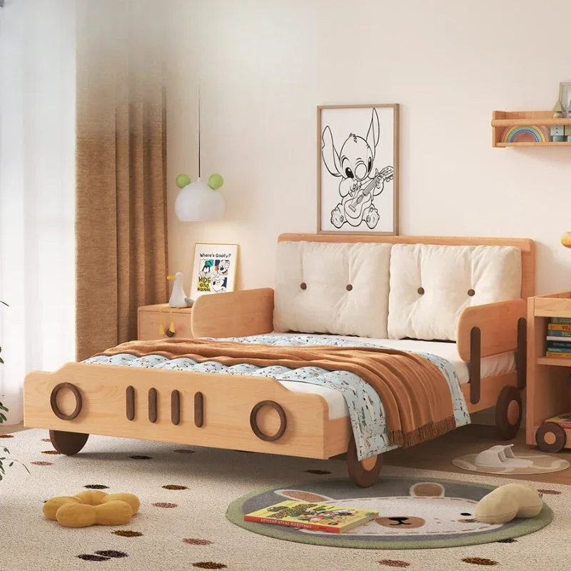 

All solid wood Nordic style natural wood color car soft pack children's bed, boy's bed, single bed design