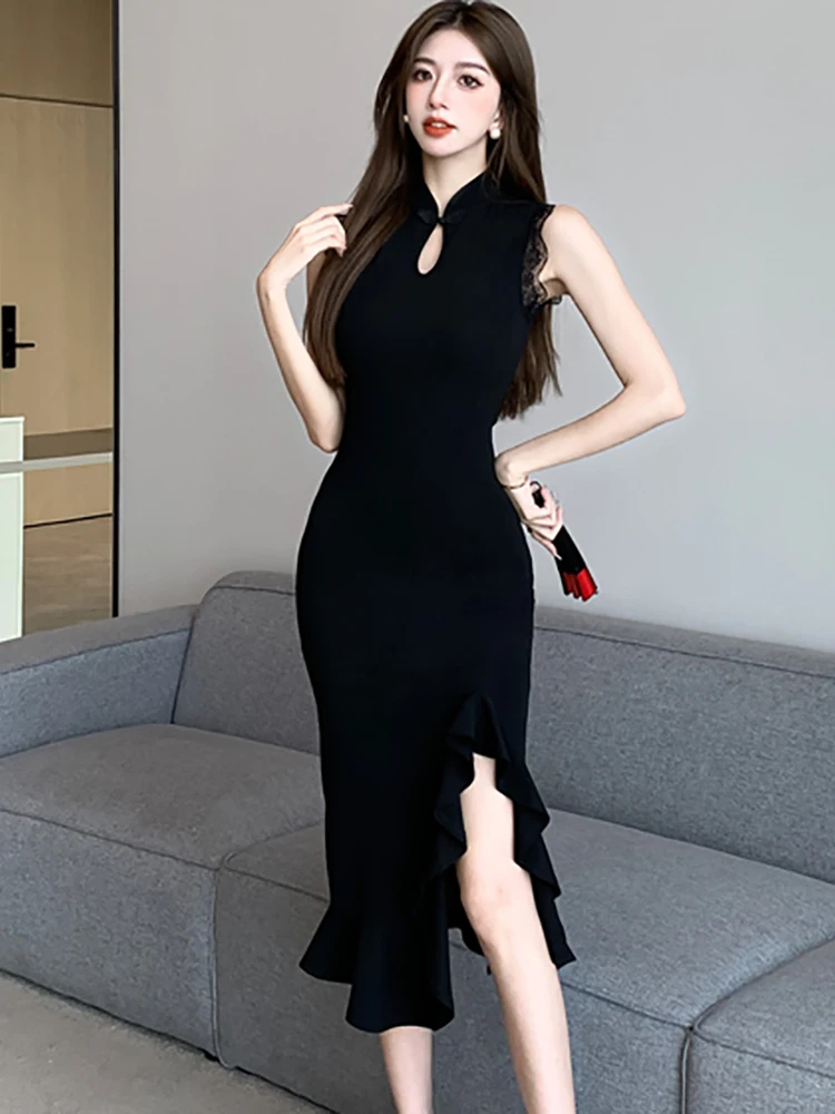 

Vestidos Black Long Dresses New Lace Short Sleeve Bodycon Ruffled Prom Clothing Summer Elegant Women Vintage Hepburn Party Dress