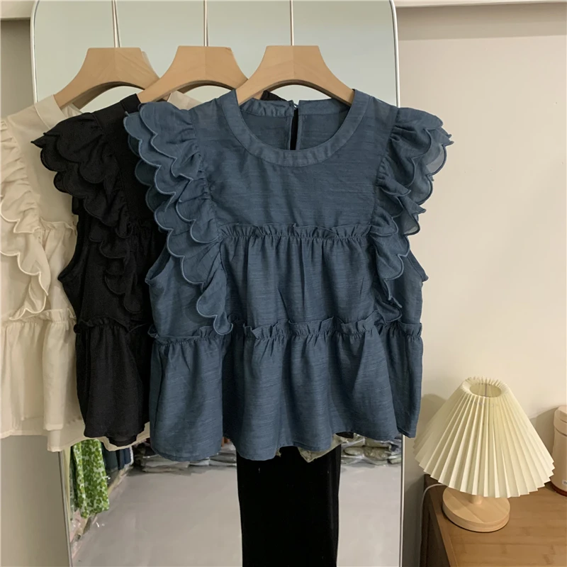 Korean Sweet Ruffles Blouse Women Summer O Neck Flying Sleeve Shirt Vintage Elegant Cute Tops