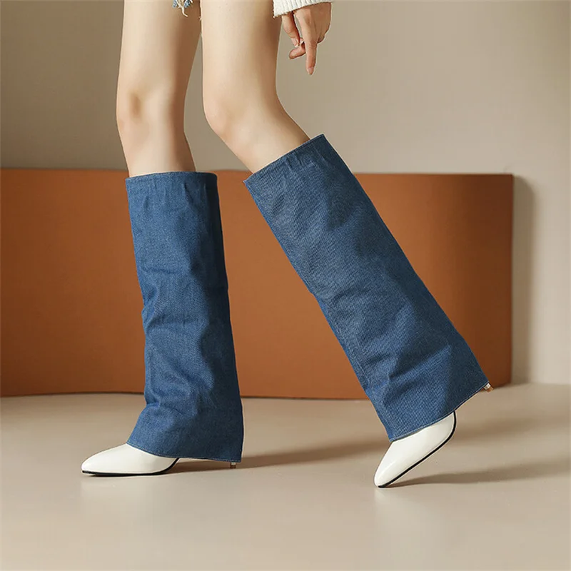 

Blue Denim Knee High Trousers Boots 2023Women New 8cm High Heel Short Plush Size 34-45 Western Cowboy Boot Fashion Knights Shoes