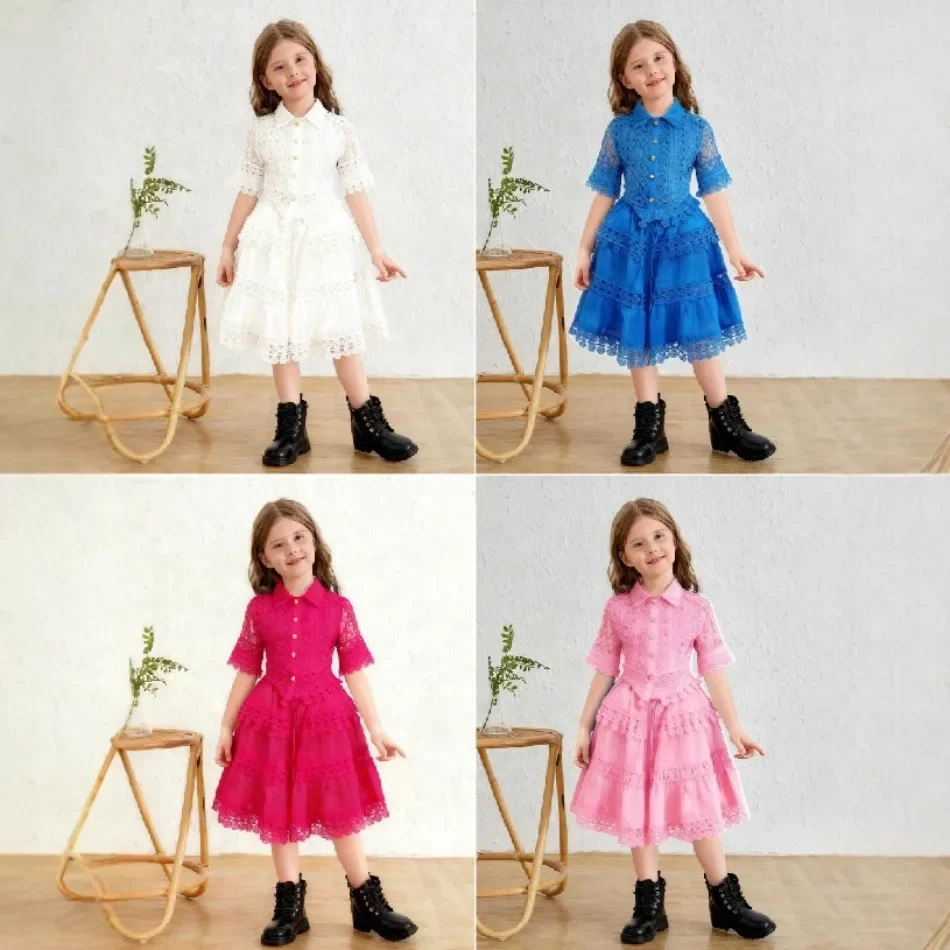 Girls Lace Patchwork Short Sleeve Dress Ruffle Hem A-Line Casual Party Dress Pageant Wedding Carnival For Little Girls ZYD47