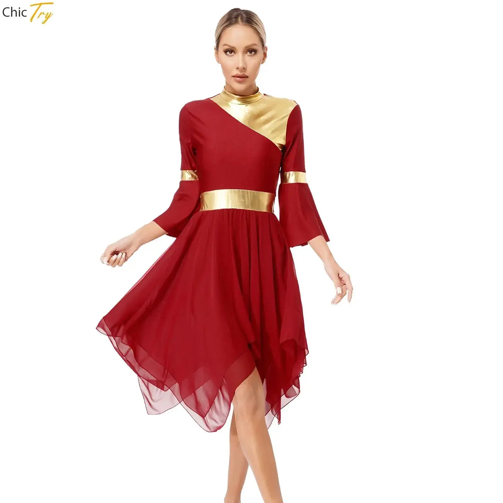 

Womem Praise Dance Dress Contrast 3/4Flare Sleeve Lyrical Dance Dresses Church Worship Choir Dancewear Stage Performance Costume