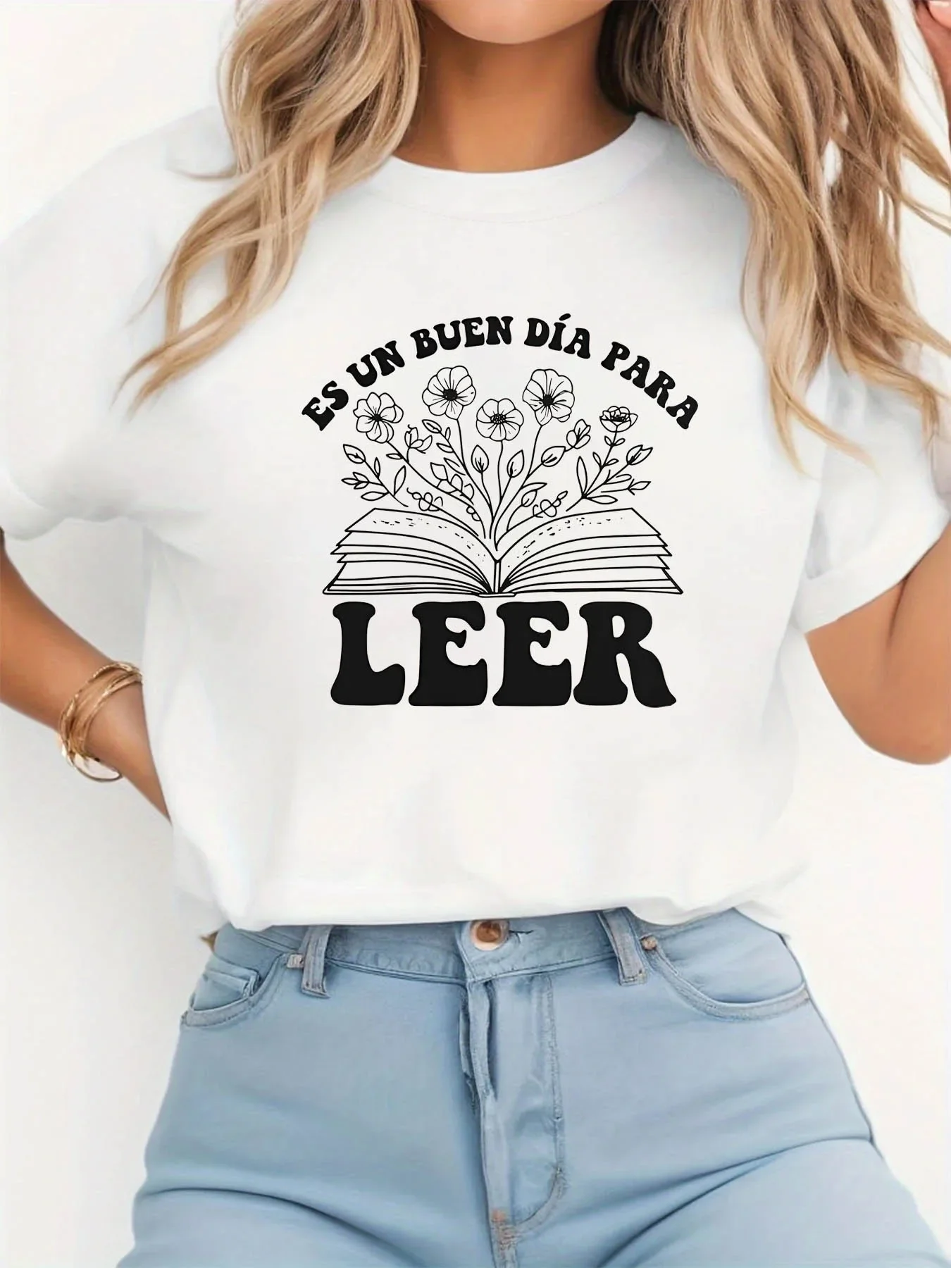 

Print Sleeve Round Neck Polyester Spring Casual Wear Knit Construction Women'S Casual White T-Shirt with Spanish Book Design