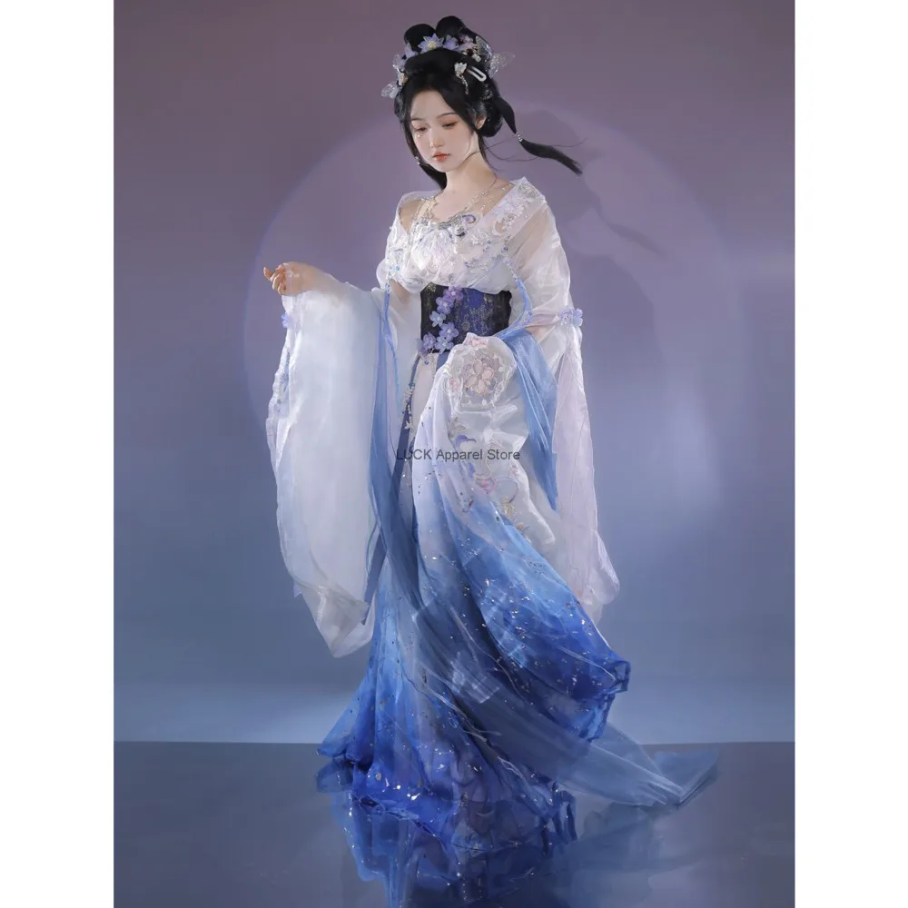 Zhen Ji Cosplay Robe Hanfu pour Femme, Vêtements Han, ociasties du Sud et du Nord, Wei Jin, Bleu nickel é