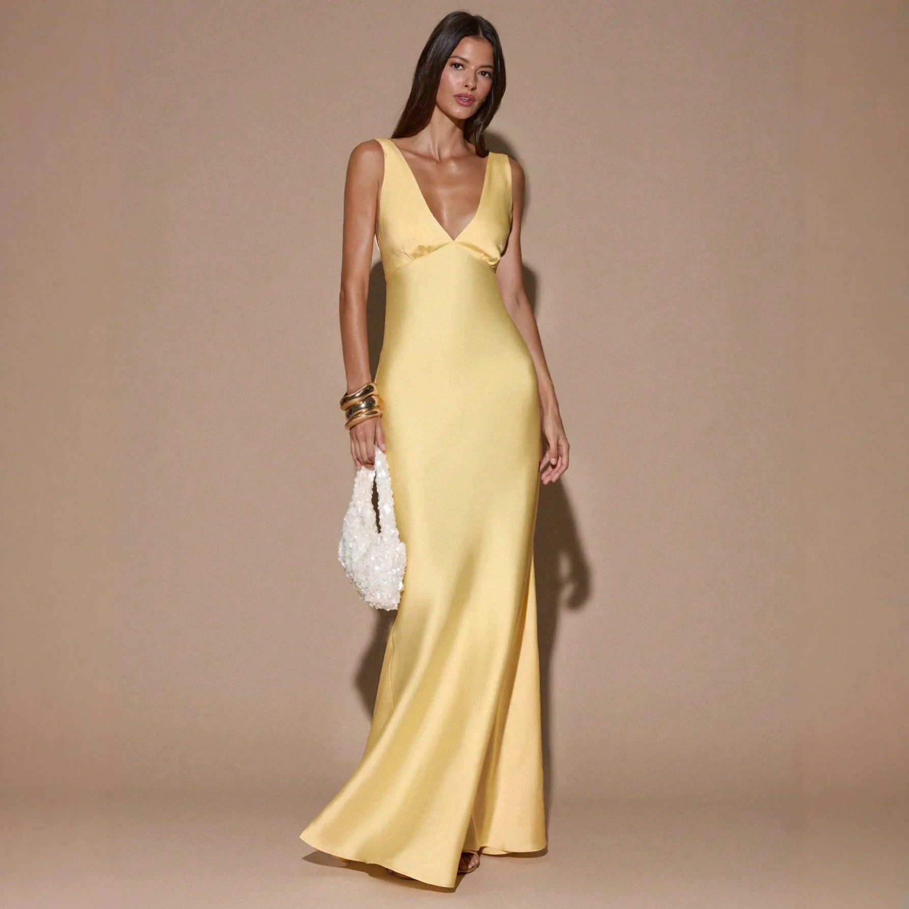 Yellow Satin Maxi Dress Women Elegant V-Neck Sleeveless Evening Dress A-Line Long Party Dress Bridesmaid Prom Gowns Formal