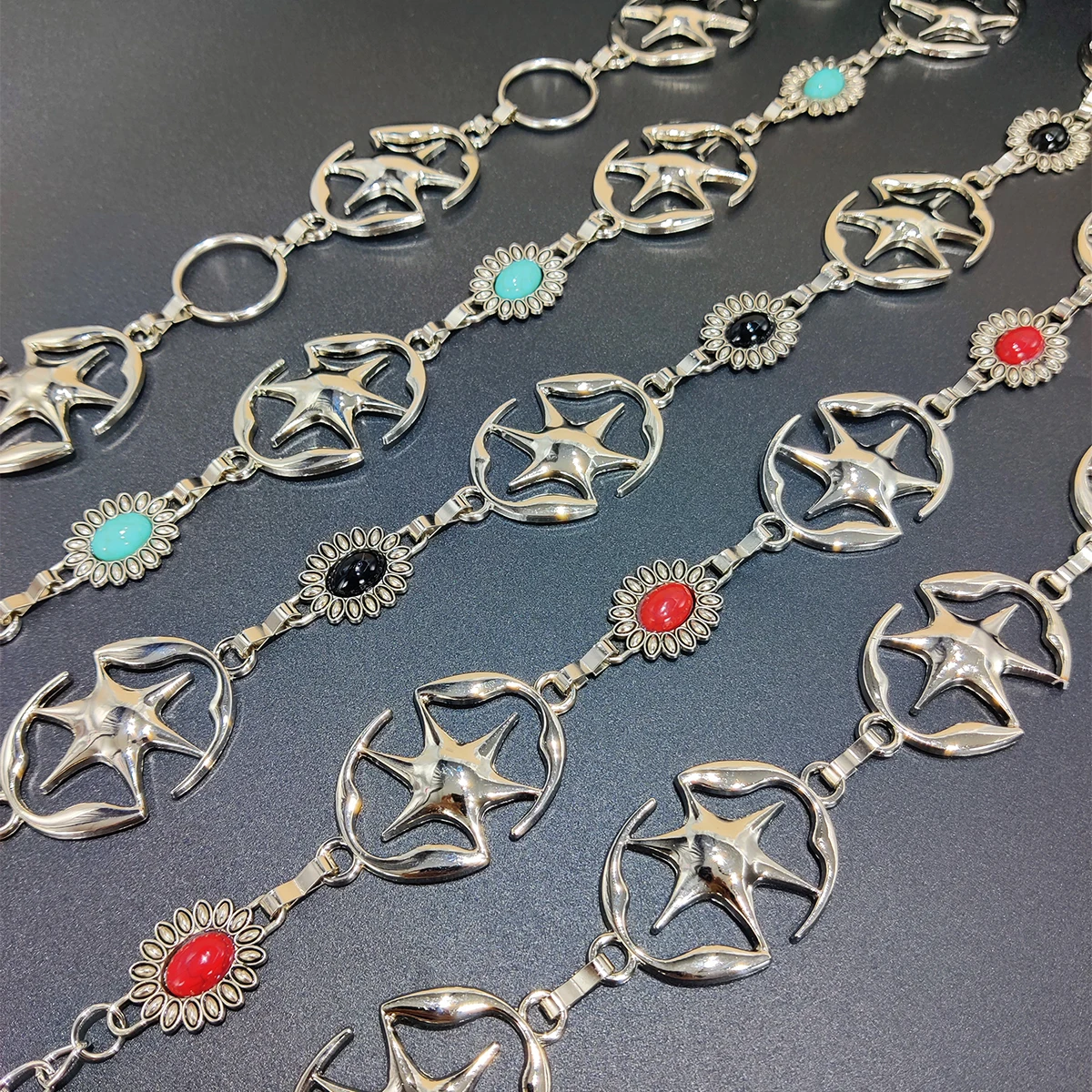 Western Vintage Ethnic Oval Inlaid Turquoise Luxury Designer Women's Metal Belt for Jeans Skirt High-End Fashion Chain Belt
