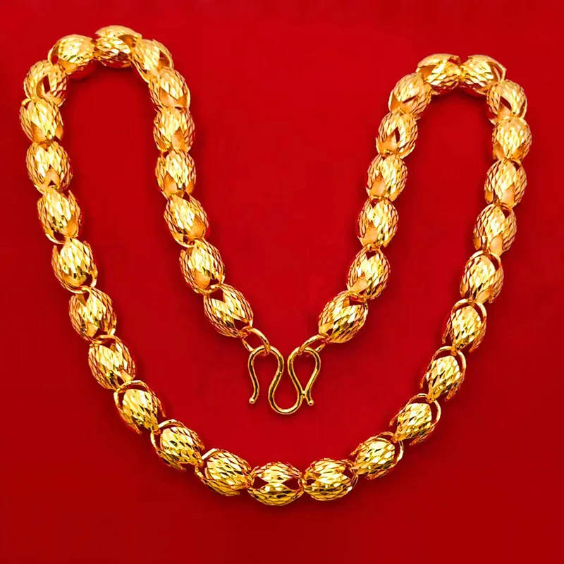 9999 gold necklace - classic style oval olive bead men's necklace, exquisite beading, shiny and long-lasting color retention