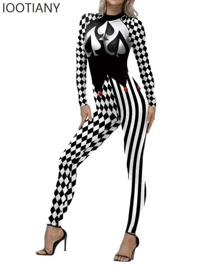 IOOTIANY Diamond Lattice Clown Zentai Jumpsuit Spade Striped Circus Bodysuit Irregular Stage Halloween Party Performance Costume
