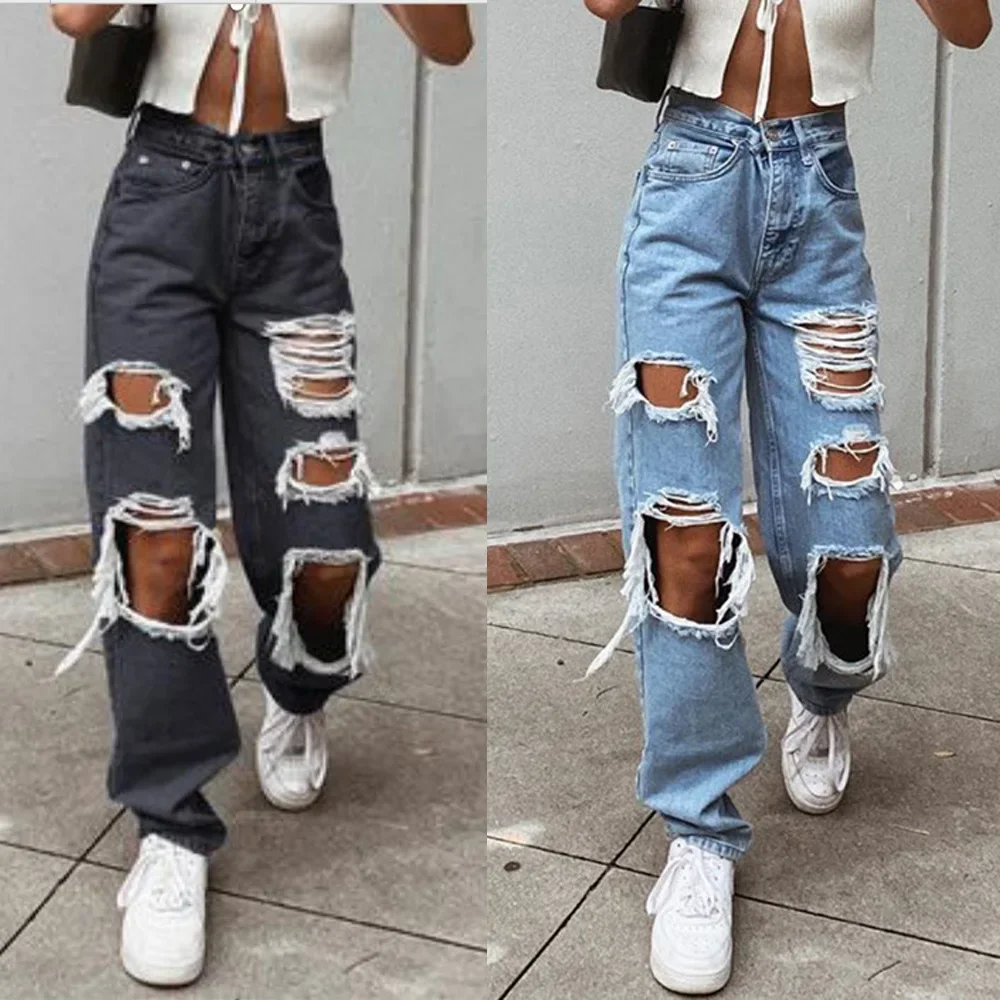 Jeans Women Long Pant Denim Pants Straight Trousers Elegant Splice Solid Hole High Waist Casual Loose Autumn Winter 2024