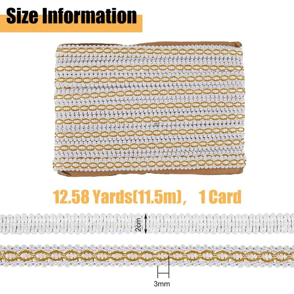 12.58 Yards(11.5m) Gimp Braid Trim White and Golden Polyester Lace Ribbon Decorative Fabric Ribbon Braided Cord